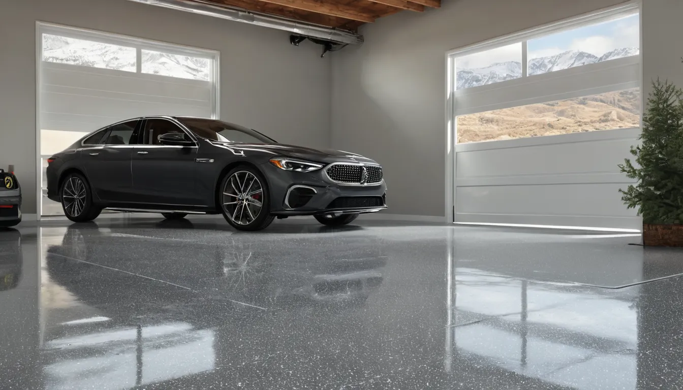 A freshly coated polyaspartic garage floor with a flake finish in a Arvada home